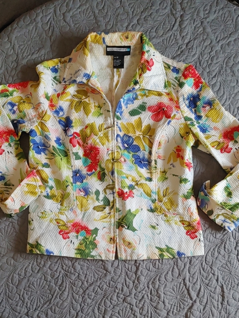 Requirements White Floral Zip-Front Jean Jacket Sz 10